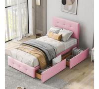 OKWISH Lit Enfant 90x200 cm - Lit Simple en Velours Rose avec Sommier à Lattes et 2 Tiroirs, Sans Matelas