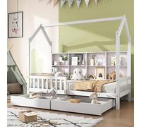 OKWISH Lit Enfant 90x200 - Lit Cabane Moderne avec Rangements et Tiroirs - Bibliothèque Intégrée - Bois de Pin - Blanc - Sans Matelas