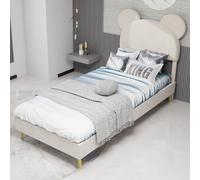 okwish Lit enfant 90x200 pour jeunesse avec cadre en panneau de fibres, lit simple coffre avec base plate et tête de lit cartoon, beige (sans matelas)