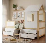OKWISH Lit Enfant Cabane 90x200 cm - Lit Mi-Hauteur avec Toit, Fenêtres et 2 Tiroirs, Pin Blanc et Naturel - Sans Matelas