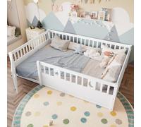 OKWISH Lit Enfant Double 140x190 - Lit Enfant en Bois avec Barrière de Sécurité etReproduction Étoile et Lune - Blanc - Sans Matelas