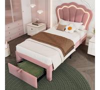 okwish Lit enfant plateforme 90×190 cm avec sommier, lit rembourré pour garçons et filles, lit simple fonctionnel avec LED et tiroirs, velours rose (sans matelas)