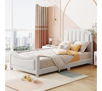 OKWISH Lit Enfant Simple 90x200 avec Accoudoirs, Lit Capitonné en Flanelle Douce, Lit Moderne pour Chambre Enfant - Beige, Sans Matelas