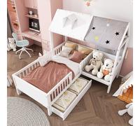 okwish Lit maison 90x200 cm avec tente et tiroirs, lit multifonction pour enfant, blanc, sans matelas