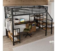 okwish Lit mezzanine 120×200 cm avec 2 protections anti-basculement, lit pour enfant avec rangement, cadre métal avec ports de recharge, lit en métal avec escalier d’angle, sans matelas – noir