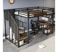 OKWISH Lit Mezzanine 120x200 cm en Métal Noir - Lit Surélevé avec Bureau Intégré et Rangement, Design Industriel