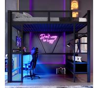 okwish Lit mezzanine 140×200 avec grand bureau et tiroirs, lit pour adolescents avec placard ouvert, lit simple en noir, sans matelas
