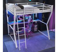 okwish Lit mezzanine 140 x 200 cm avec éclairage LED, cadre de lit avec bureau et prise + USB, lit pour jeunes avec escalier et garde-corps, lit double avec tablette pour consoles, sans matelas – blan
