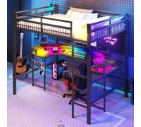 OKWISH Lit Mezzanine 140x200 cm - avec Bureau Intégré, Éclairage LED Réglable et Panneau Perforé - Ports USB, Type-C et 2 Prises - Métal + MDF - Noir
