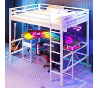 OKWISH Lit Mezzanine 140x200 cm - avec Bureau Intégré, Éclairage LED Réglable et Panneau Perforé - Ports USB, Type-C et 2 Prises - Métal + MDF - Blanc