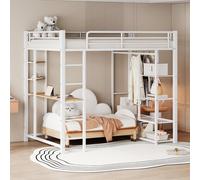 OKWISH Lit Mezzanine 140x200 cm Double - Avec Bureau Intégré et Échelle Sécurisée - MDF et Métal - Sans Matelas - Blanc