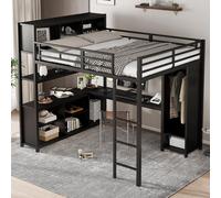 OKWISH Lit Mezzanine 140x200 cm - Double Métal avec Bureau et Armoire - Sans Matelas - Noir