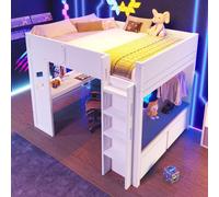 OKWISH Lit Mezzanine 140x200 cm - Lit Ado avec Bureau Intégré et Échelle - Tiroir de Rangement - Bois Massif + MDF - Blanc - Sans Matelas