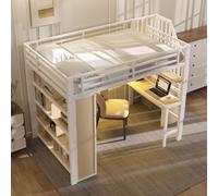 OKWISH Lit Mezzanine 140x200 cm - Lit Ado avec Bureau Intégré, LED et Escalier de Rangement, Métal + MDF, Blanc