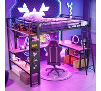 OKWISH Lit Mezzanine 140x200 cm - Lit Ado avec Bureau Intégré, LED et Ports USB, Panneau Perforé et Rangement, Métal + MDF, Noir