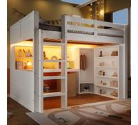 OKWISH Lit Mezzanine 140x200 cm - Lit Ado avec LED et Bureau - Armoire et Tiroirs de Rangement Intégrés - sans Matelas - Blanc