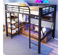 OKWISH Lit Mezzanine 140x200 cm - Lit Ado avec LED Intégrée, Étagères et Compartiment de Rangement - Portant pour Vêtements et Espace Ouvert sous Lit - Métal + MDF - Noir