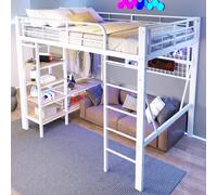 OKWISH Lit Mezzanine 140x200 cm - Lit Ado avec LED Intégrée, Étagères et Compartiment de Rangement - Portant pour Vêtements et Espace Ouvert sous Lit - Métal + MDF - Blanc