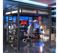 OKWISH Lit Mezzanine 140x200 cm - Lit Ado Double avec Bureau, Escalier Rangement et LED - Métal et MDF - sans Matelas - Noir