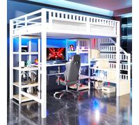 OKWISH Lit Mezzanine 140x200 cm - Lit Ado Double avec Bureau, Escalier Rangement et LED - Métal et MDF - sans Matelas - Blanc