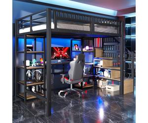 OKWISH Lit Mezzanine 140x200 cm - Lit Ado Double avec Bureau, Escalier Rangement et LED - Métal et MDF - sans Matelas - Noir