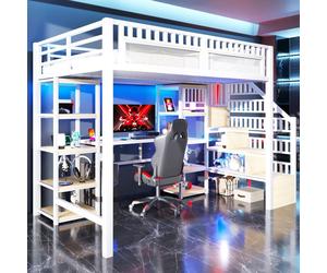 OKWISH Lit Mezzanine 140x200 cm - Lit Ado Double avec Bureau, Escalier Rangement et LED - Métal et MDF - sans Matelas - Blanc