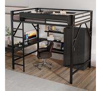 OKWISH Lit Mezzanine 140x200 cm - Lit Adulte avec Bureau, Échelle et Garde-Corps, Armoire Intégrée, Structure en Métal et MDF, Noir, sans Matelas