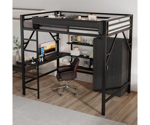 OKWISH Lit Mezzanine 140x200 cm - Lit Adulte avec Bureau, Échelle et Garde-Corps, Armoire Intégrée, Structure en Métal et MDF, Noir, sans Matelas