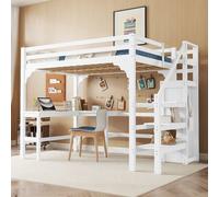 OKWISH Lit Mezzanine 140x200 cm - Lit Combiné Avec Bureau L-Forme Et Armoire Ouverte, Lit Junior En Bois, Sans Matelas, Blanc
