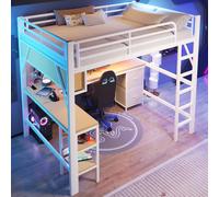 OKWISH Lit Mezzanine 140x200 cm - Lit Double avec Bureau et Armoire, Rangements et Éclairage LED, sans Matelas - Métal Blanc