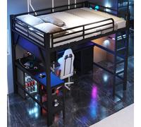 OKWISH Lit Mezzanine 140x200 cm - Lit Double avec Bureau et Armoire, Rangements et Éclairage LED, sans Matelas - Métal Noir