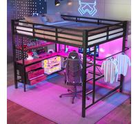OKWISH Lit Mezzanine 140x200 cm - Lit Double avec Éclairage LED, Bureau et Prises USB, en Métal et MDF, sans Matelas, Noir