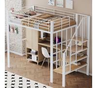 OKWISH Lit Mezzanine 140x200 cm - Lit Double avec Rangement et Escalier, Métal et MDF, Sans Matelas, Blanc