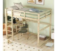 OKWISH Lit Mezzanine 140x200 cm - Lit Enfant Avec Bureau Et 4 Compartiments De Rangement, Lit Combiné En Bois Pin + MDF, Sans Matelas, Naturel