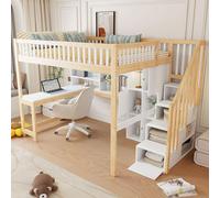 okwish Lit mezzanine 140x200 cm, lit pour jeunes sans matelas, cadre avec éclairage LED et étagères, lit mezzanine avec bureau et compartiments de rangement – blanc + bois naturel