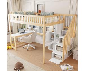 okwish Lit mezzanine 140x200 cm, lit pour jeunes sans matelas, cadre avec éclairage LED et étagères, lit mezzanine avec bureau et compartiments de rangement – blanc + bois naturel