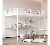 OKWISH Lit Mezzanine 203,5x146,8x182,5 cm - Lit Enfant Avec Bureau Et Rangement, Métal Et MDF, Blanc, Sans Matelas