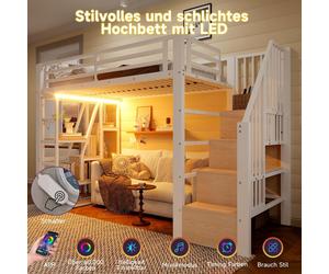 OKWISH Lit mezzanine 90×200 avec étagères et éclairage LED, lit pour adolescent avec marches intégrées, lit simple blanc, sans matelas