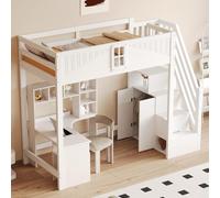 okwish Lit mezzanine 90 x 200 cm en bois, lit avec barrière de sécurité et fenêtre, lit pour jeunes avec échelle de sécurité et rangement, montage côté gauche ou droit, sans matelas – blanc