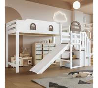 OKWISH Lit mezzanine 90 x 200 cm - Lit enfant avec toboggan, escalier et armoire intégrée, Pin + MDF, Sans Matelas, Blanc et Marron