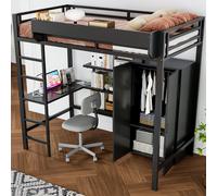 OKWISH Lit Mezzanine 90x200 cm Ado - Avec Bureau, Penderie et Rangements - Métal Noir - Sans Matelas