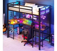 OKWISH Lit Mezzanine 90x200 cm - avec Bureau Intégré, Éclairage LED Réglable et Panneau Perforé - USB, Type-C et 2 Prises - Métal + MDF - Noir