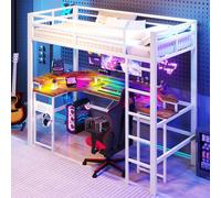 OKWISH Lit Mezzanine 90x200 cm - avec Bureau Intégré, Éclairage LED Réglable et Panneau Perforé - USB, Type-C et 2 Prises - Métal + MDF - Blanc