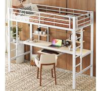 OKWISH Lit mezzanine 90x200 cm, Bureau et 2 étagères, Blanc