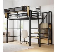OKWISH Lit Mezzanine 90x200 cm Enfant Métal avec Échelle Sécurisée et Rangement Intégré, Structure MDF et Métal - Noir