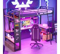 OKWISH Lit Mezzanine 90x200 cm - Lit Ado avec Bureau Intégré, LED et Ports USB, Panneau Perforé et Rangement, Métal + MDF, Noir