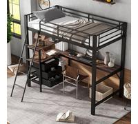 OKWISH Lit Mezzanine 90x200 cm - Lit Ado avec Grand Bureau et 3 Tiroirs de Rangement - Métal et MDF - Sans Matelas - Noir + Noyer Foncé