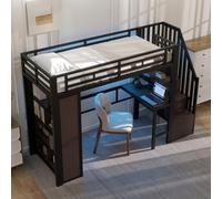 OKWISH Lit Mezzanine 90x200 cm - Lit Ado avec LED Intégrée, Bureau et Compartiment de Rangement - Escalier de Rangement Inclus - Métal + MDF - Noir