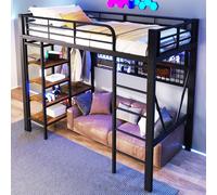 OKWISH Lit Mezzanine 90x200 cm - Lit Ado avec LED Intégrée, Étagères et Compartiment de Rangement - Portant pour Vêtements et Espace Ouvert - Métal + MDF - Noir