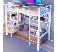 OKWISH Lit Mezzanine 90x200 cm - Lit Ado avec LED Intégrée, Étagères et Compartiment de Rangement - Portant pour Vêtements et Espace Ouvert - Métal + MDF - Blanc